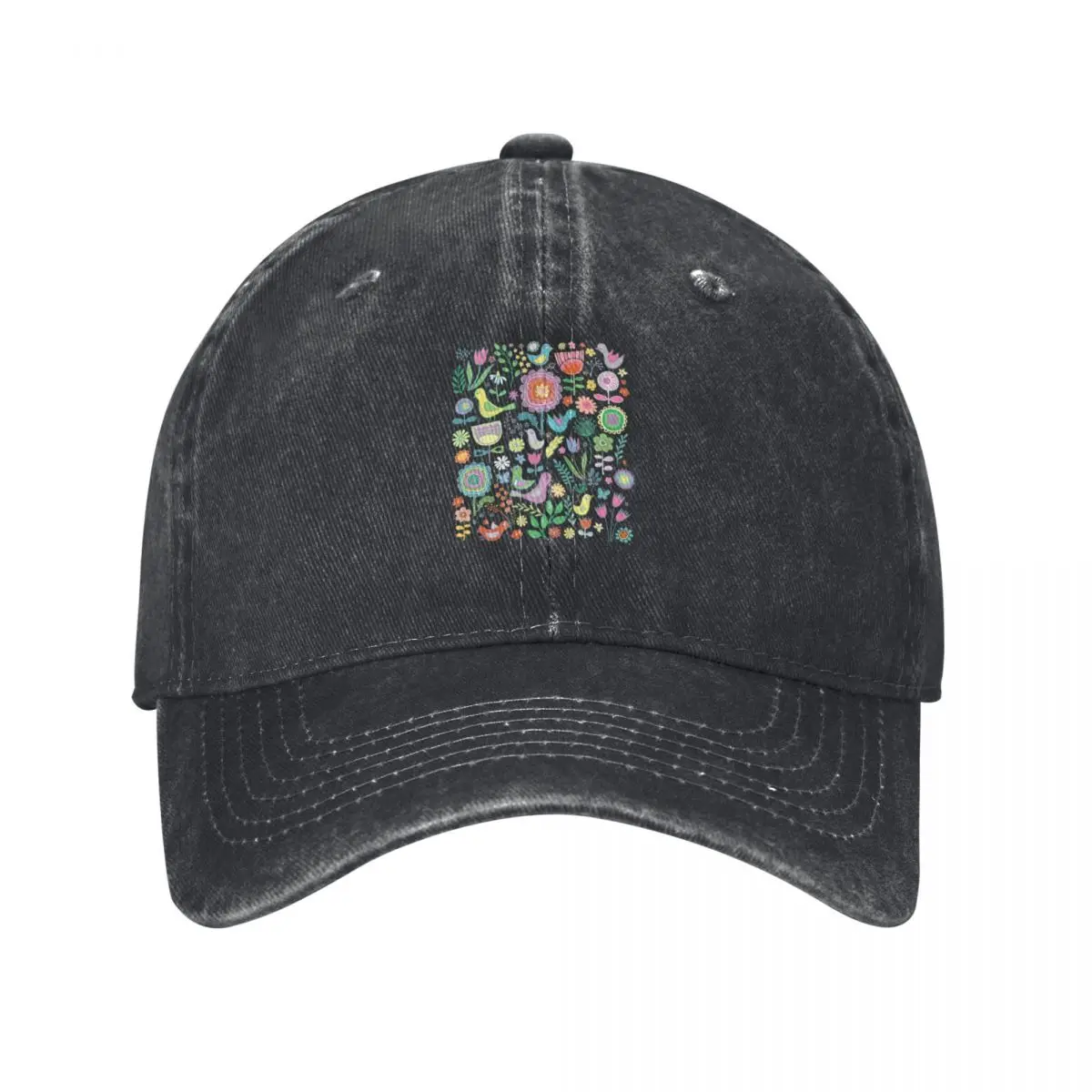 Birds and blooms - pastels on black - pretty floral bird pattern by Cecca Designs Baseball Cap funny hat Man Women's