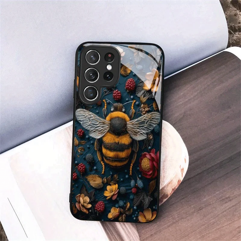 Retro Floral Fluffy Bee Tempered Glass New Phone Case for Samsung Galaxy S26/S25/S24/S23 Ultra /S22 Ultra/S20 Ultra/56/A72/A73