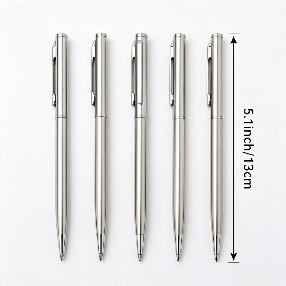 5-20 Pieces of Metal Business-Style Silver-Gray Slim Ballpoint Pens, Silver Stainless Steel Ballpoint Pen Set—Durable, Medium-Sized Nib, Twist-Cap Design, Smooth Writing, Metal Material, Suitable for Business Office/Study, Perfect Gift for Office Workers and Back-To-School Season