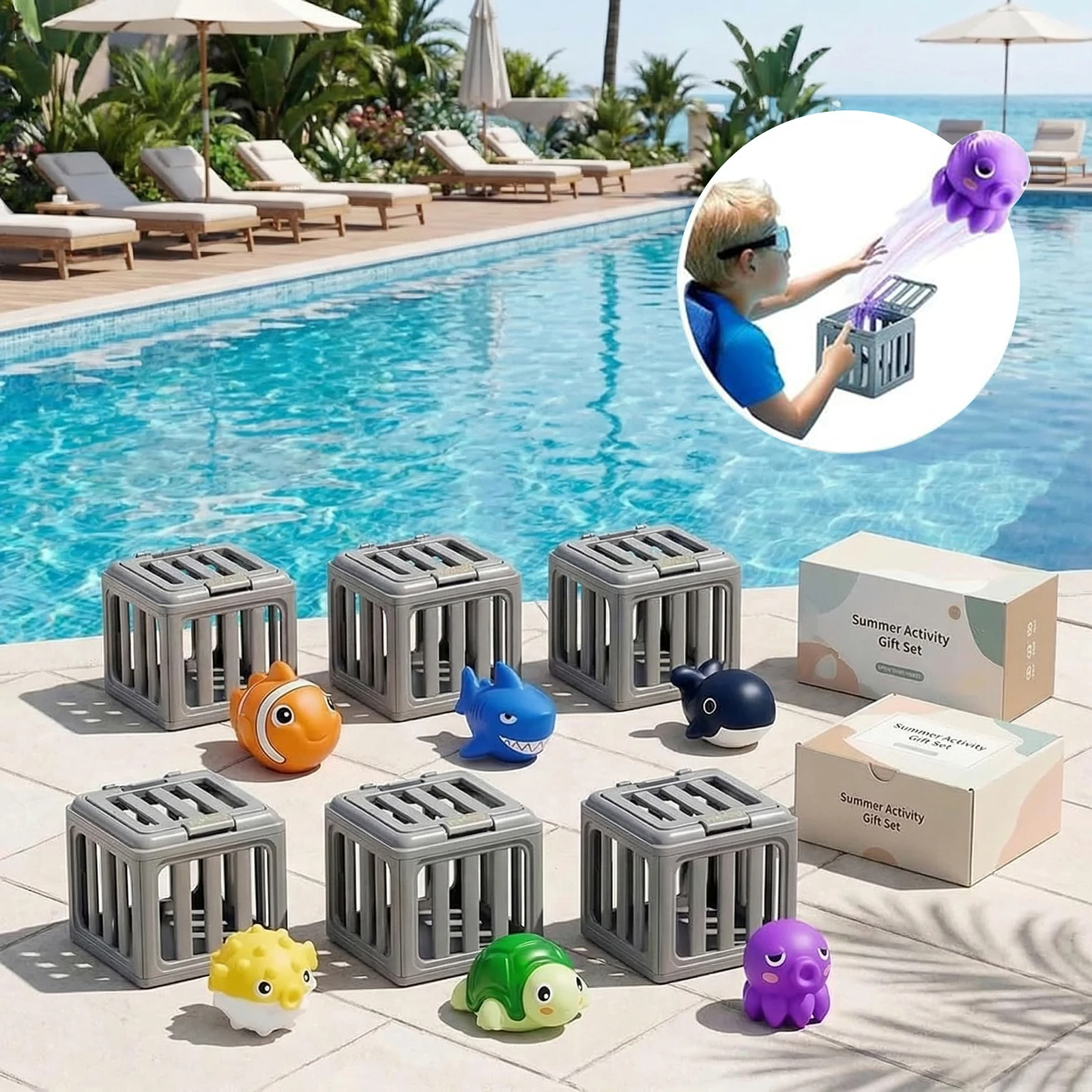 Party Games Youth - 子供用プールダイビングおもちゃ 魚の箱付き 浮かぶ動物 水泳ダイビングプールゲーム 男の子 女の子向け