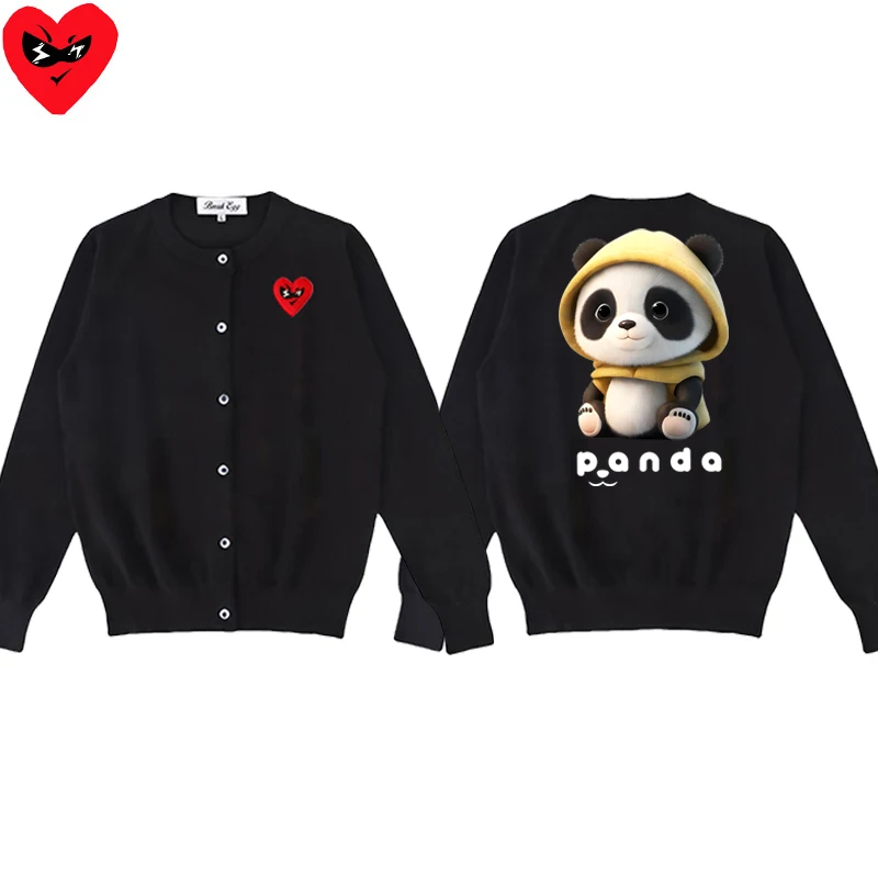 Panda with Hat Cartoon Print Women Cardigan Cotton Cute Red Glasses Heart Embroidery O-Neck Single Breasted Autumn Fit Sweater