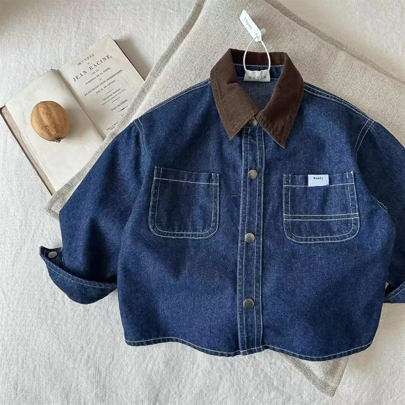 

Children's Denim Shirt Spring and Autumn Boys Japanese-style Lapel Color-block Top Small and Medium-sized Children's Jacket