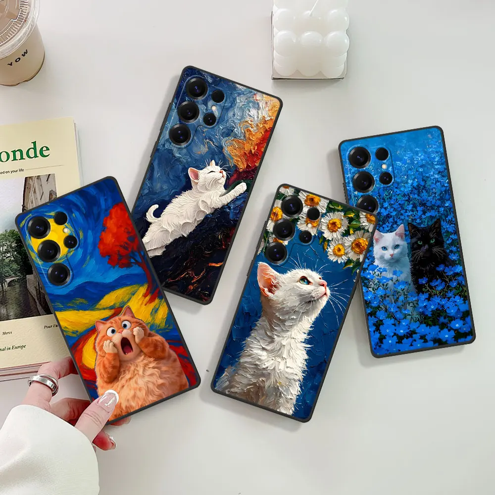 Oil Painting Ginger Cat Case for Samsung Galaxy S25 S24 S23 S22 S20 S26 FE S7 S9 S10 S21 Ultra S8 Plus TPU Black Phone Cover