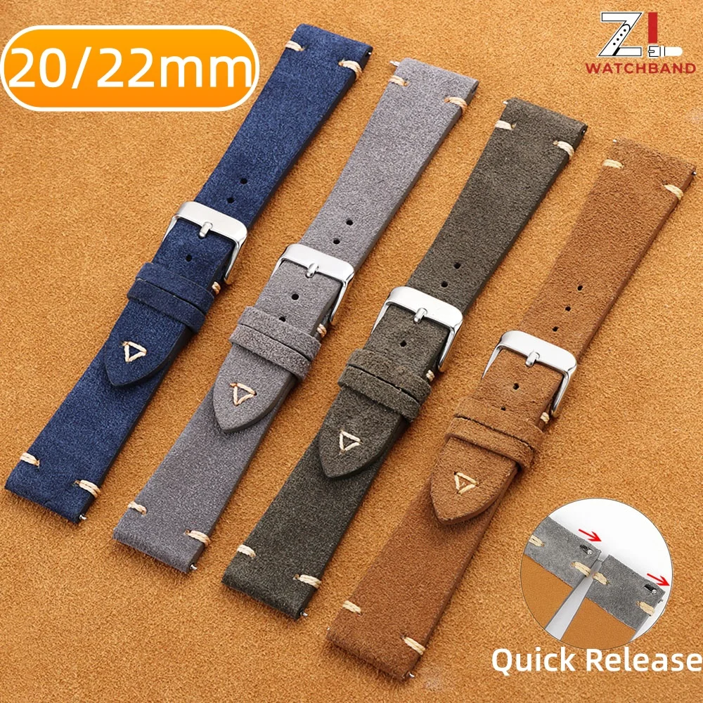 Bracelet de montre en cuir suédé de qualité supérieure à dégagement rapide, style vintage classique, 20 mm 22 mm, pour Seiko, pour Huawei
