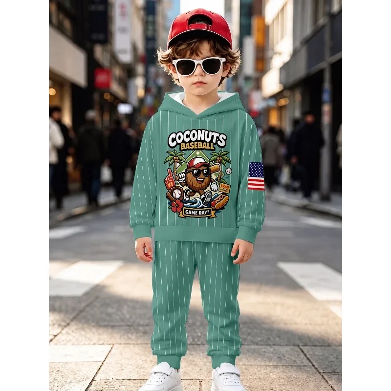 Boys Hooded Jogger Tracksuit, Coconuts Baseball Striped & Floral Print, Savannah Party Monkey Kids Casual Outfit