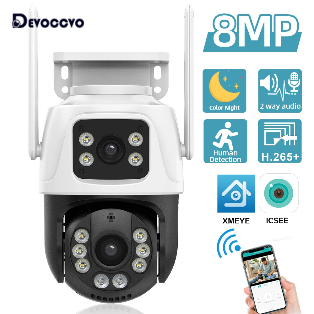 4K 8MP Outdoor Wireless Security Camera Dual Lens Dual Screen AI Human Detect Auto Tracking PTZ Wifi Survalance Camera iCSee App