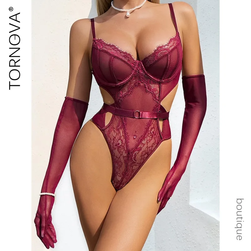 

Tornova Erotic Bodysuit with Gloves Hollow Out Body Shaping Solid Color Seductive Luxurious Intimate Women Private Bodysuit Set