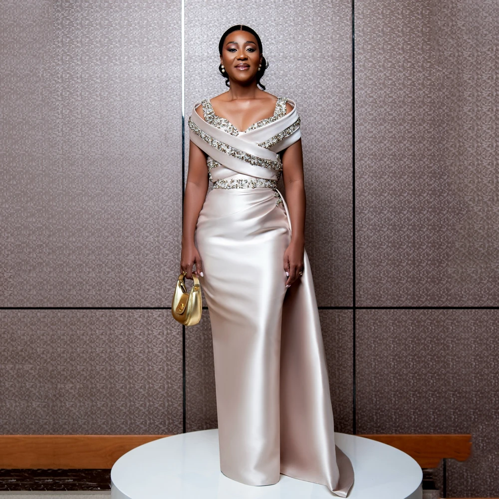 

Ivory Satin Mother of the Bride Dress For Wedding Off Shoulder Beaded Sweetheart Mermaid Elegant wedding guest dress Customized