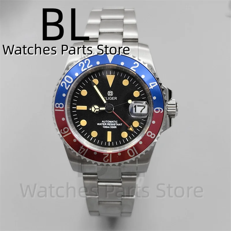 BLIGER 40mm Luxury Vintage GMT Men\'s Wristwatch Red Blue Bezel Sapphire Glass Luminous Dial 100m Waterproof Date Stainless Steel