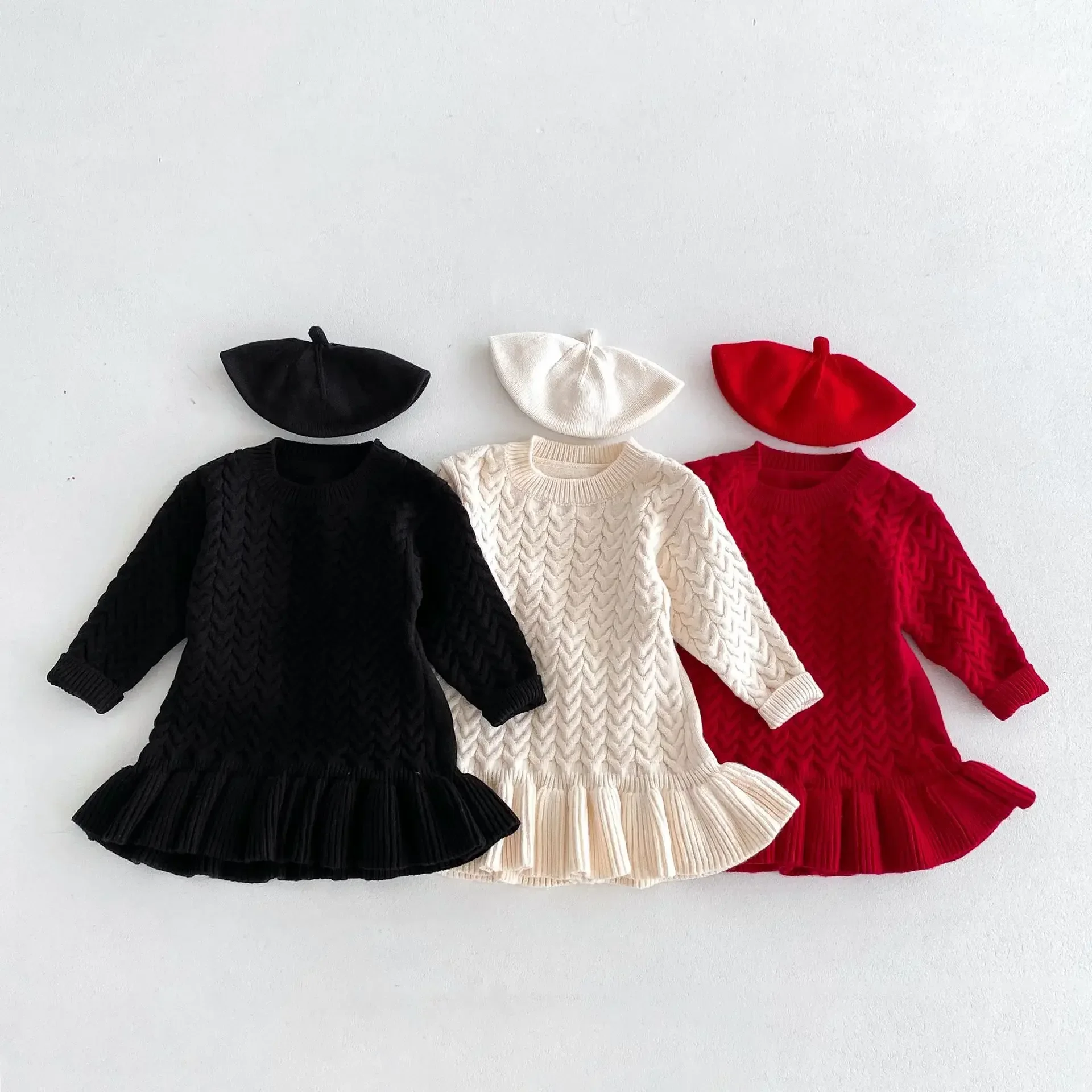 Autumn and Winter Korean New Girls Sweater Dress Children Twists Round Neck Long Sleeve Warm Knitted Ruffles Dress