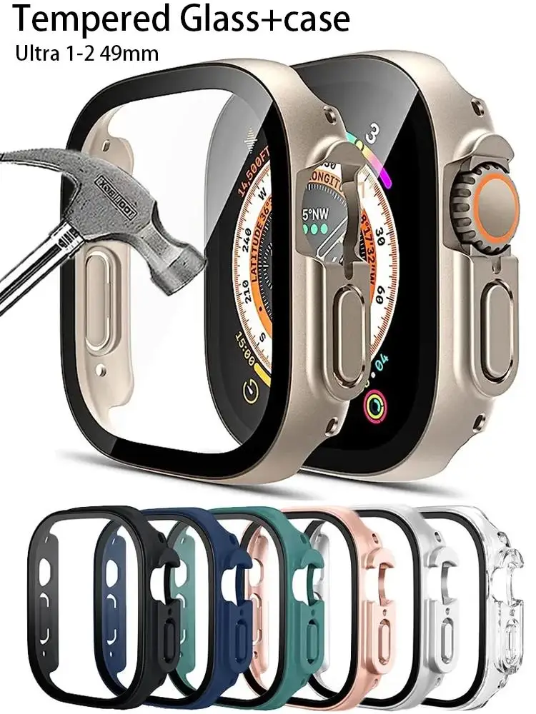 애플 워치 케이스 커버, 울트라 49mm 액세서리, PC 충격 방지 범퍼, 강화 유리, 아이워치 시리즈 울트라 2 스크린 보호대