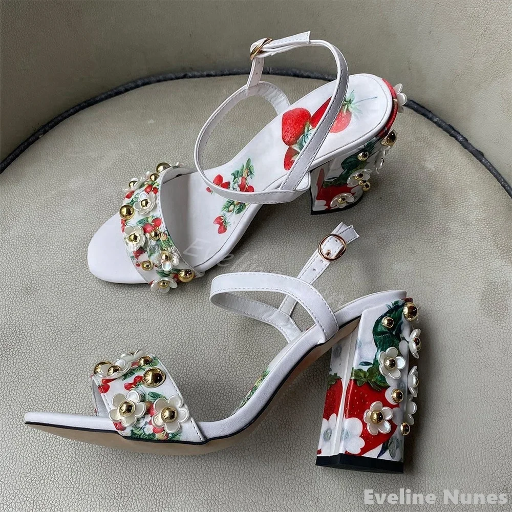 Rhinestone Flowers One Word Belt Sandals Women Round Toe Chunky Heel Strawberry Print Sandals 2025 Summer New Ankle Strap Sandal