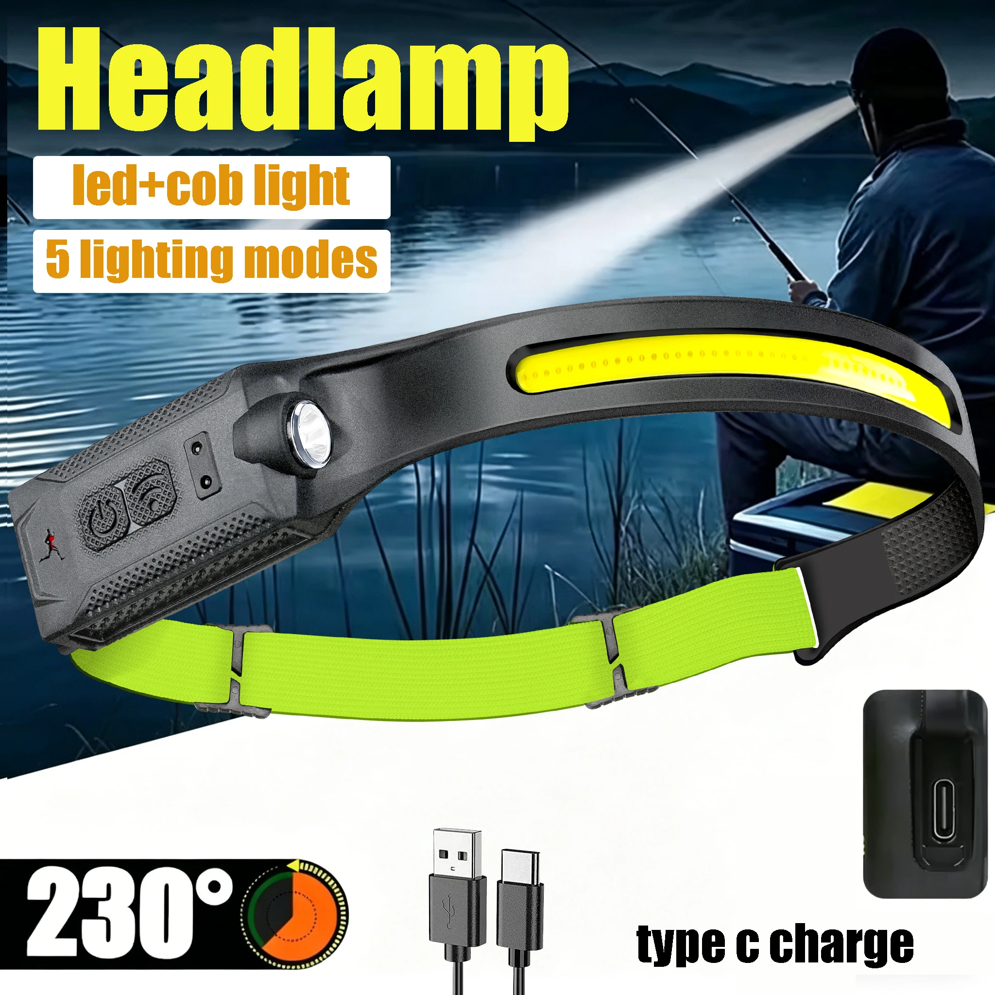 

Powerful Sensor COB LED Headlamp Rechargeable Headlight 5-mode Lighting Waterproof Head Torch for Outdoor Fishing Camping Hiking