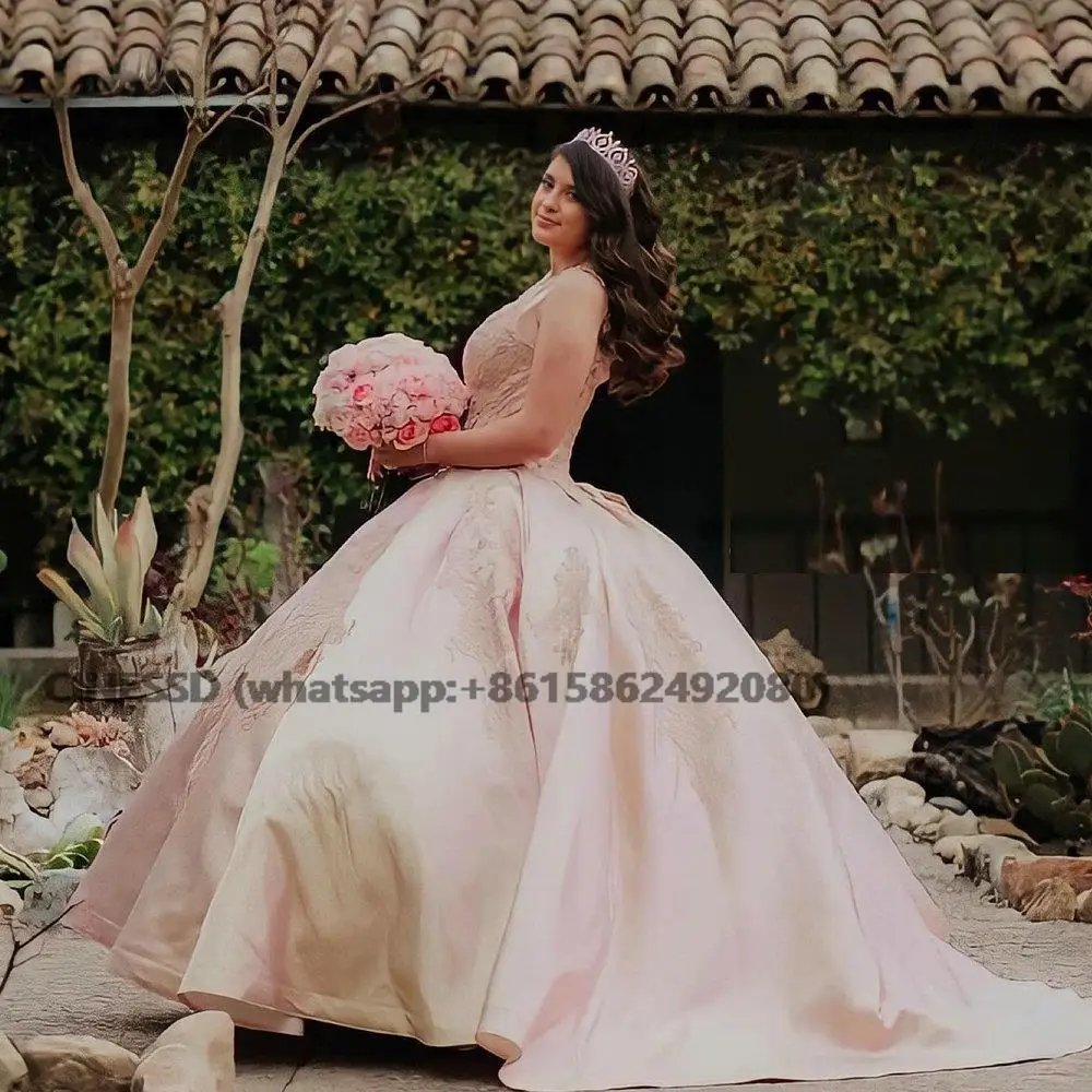 Vestido de baile de quinceañera con cuello en V de oro rosa, vestidos de quinceañera sin mangas, Apliques de encaje, dulce 15 vestido de fiesta de graduación