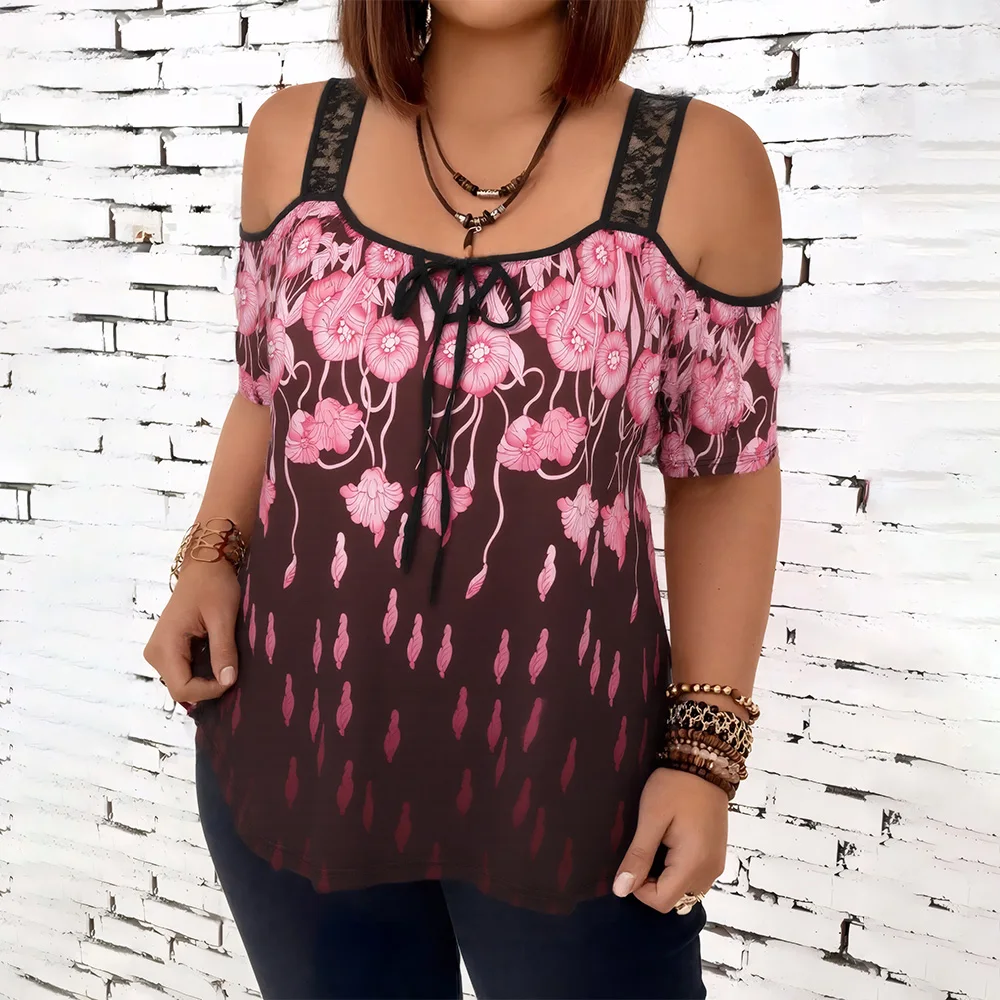 حجم كبير المرأة المطبوعة الأزهار الدانتيل الباردة الكتف كم تي شيرت تونك القمم الصيف السيدات بلوزة كاجوال بلوزة حجم 1XL-5XL
