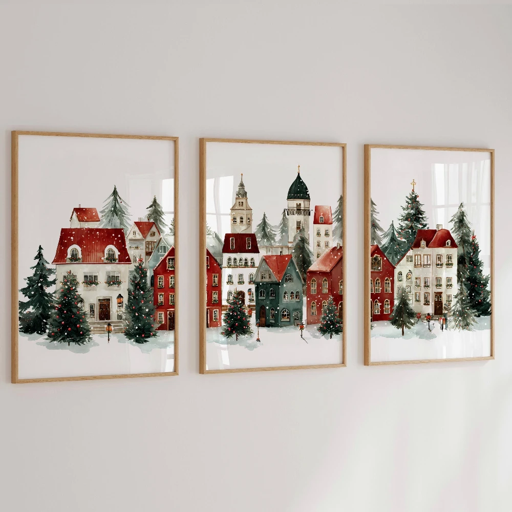 مجموعة مطبوعات قرية عيد الميلاد مكونة من 3 لوحات مدينة الشتاء الثلجي مطبوعة ملصق عيد الميلاد لغرفة المعيشة زينة عيد الميلاد سانتا #3