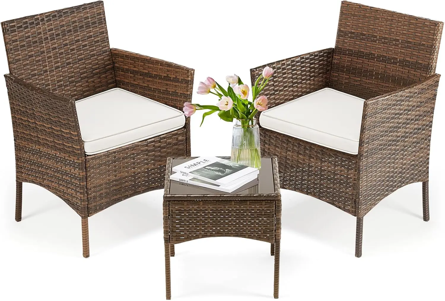 Dumos Patio Furniture Set 3 Pieces, Outdoor Wicker Furniture With Coffee Table, Modern Rattan Patio Chairs Conversation Sets