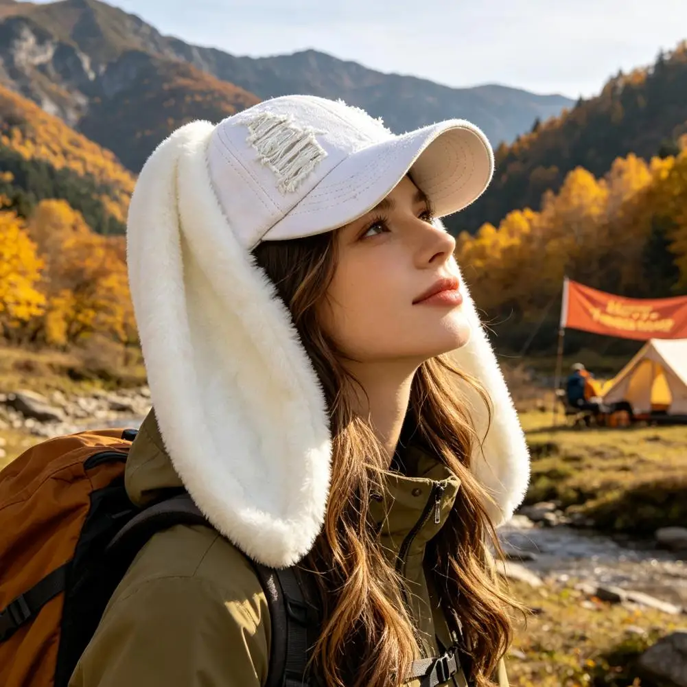Baseball Cap with Plush Rabbit Ears Washed Lightweight Distressed Peaked Hat for Winter, Long Bunny Ear Baseball Hat 5
