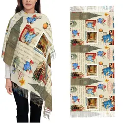 Womens Tassel Scarf Britain Paddington Brown Bear Large Super Soft Shawl Wrap Cute Movie Cartoon Daily Wear Cashmere Scarf