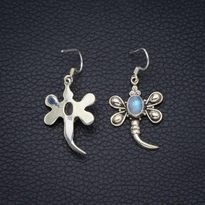 StarGems Natural Rainbow Moonstone&Dragonfly Handmade 925 Sterling Silver Earrings 1 1/2