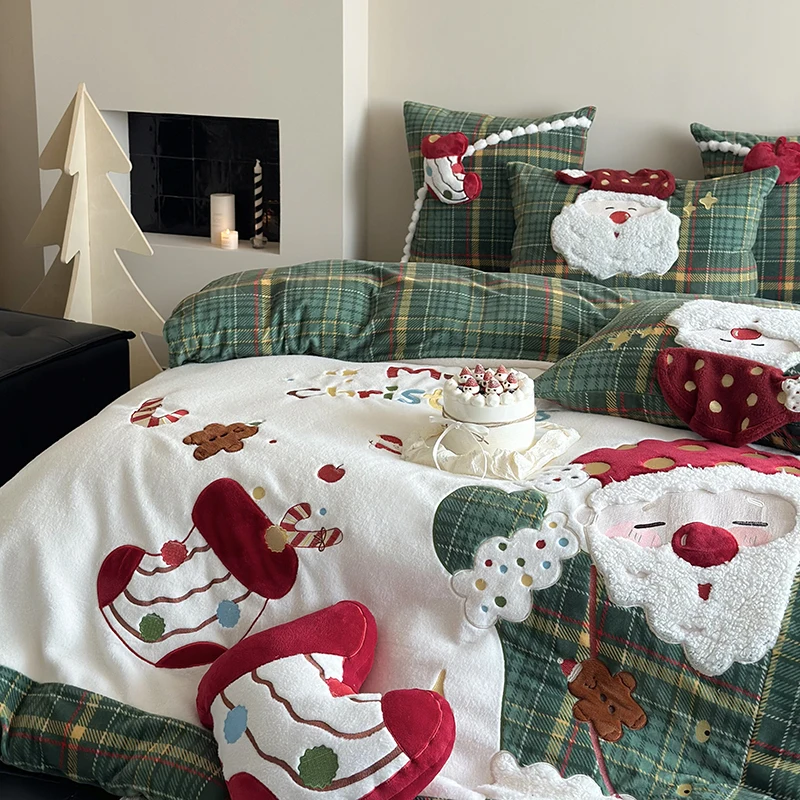 3/4Pcs Cute Santa Claus Embroidery Winter Warm Milk Velvet Bedding Set Single Duvet Cover Bed Sheet Pillowcases Christmas Gifts
