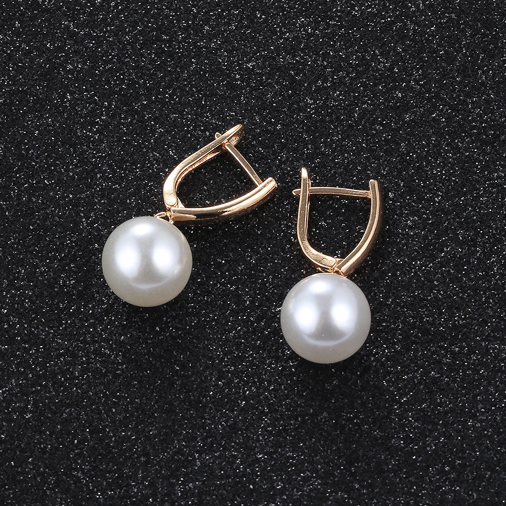 Chic 585 Rose Gold Color Earrings For Women Girls White Pearl Drop Dangle Earrings Party Wedding Jewelry Gifts Wholesale DGE360