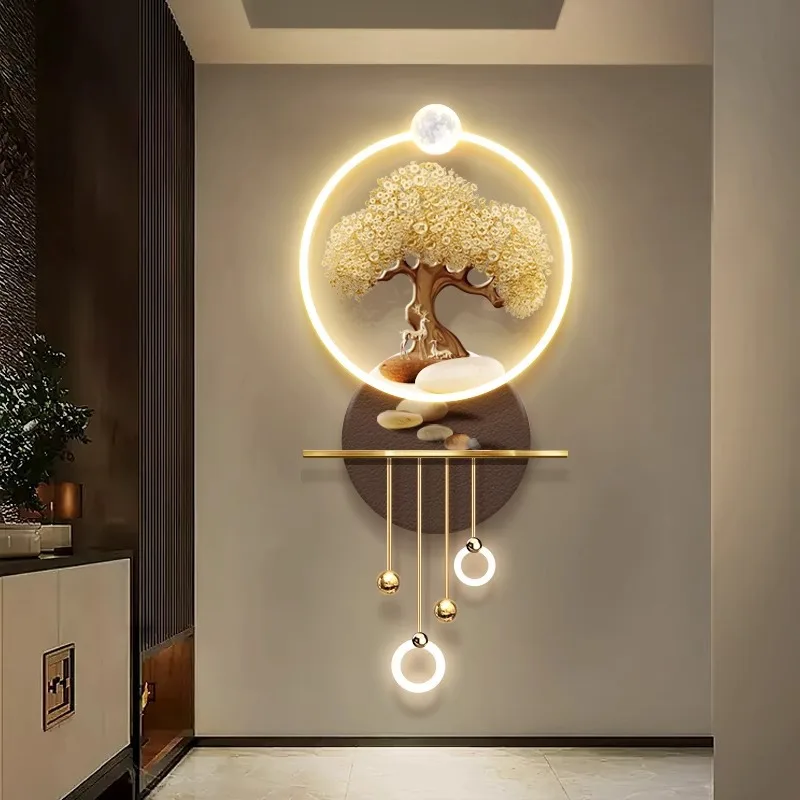 Entrance hallway decoration painting with LED wall lamp painting light luxury high-end 3D three-dimensional fortune tree