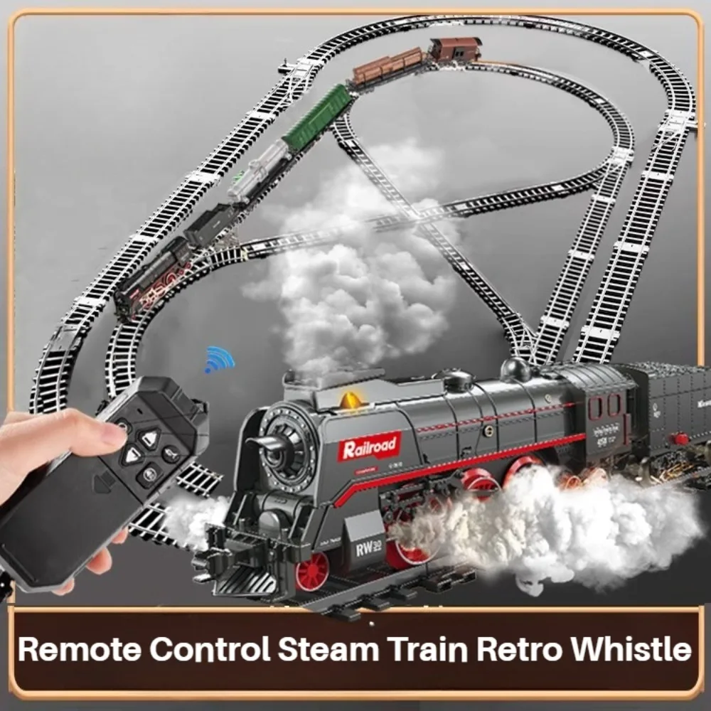 Electric Remote Control Retro Steam Train High Speed Railway Model Can Emit Smoke Railway Train Set Boys Toy Gift