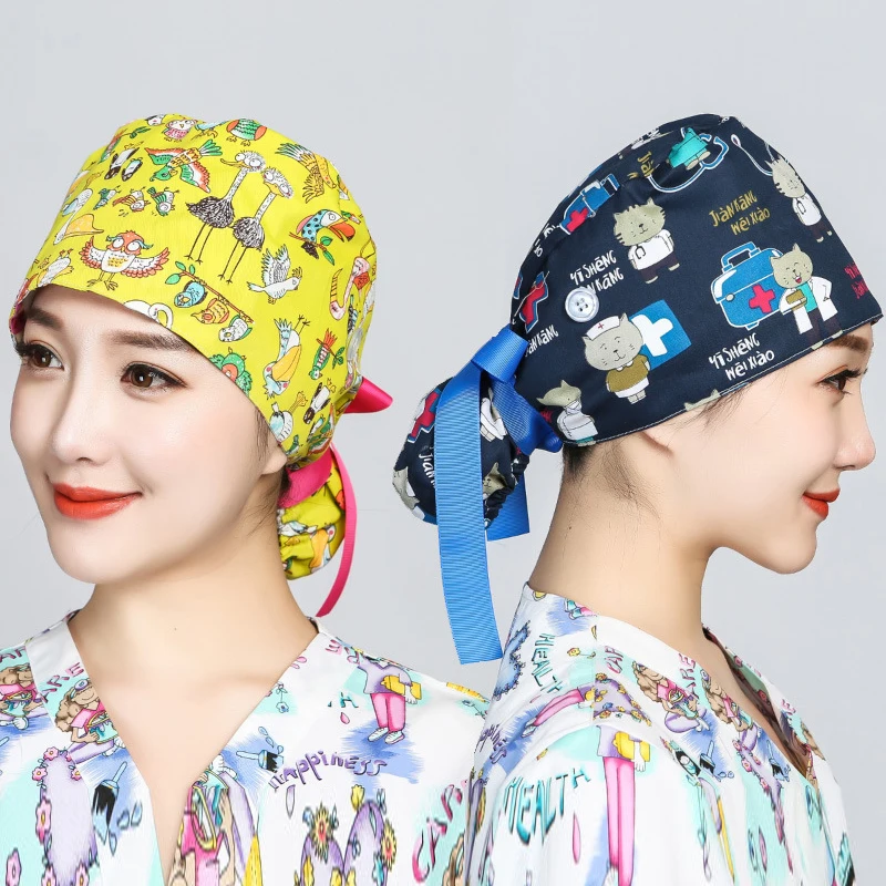 Gorro quirúrgico con estampado de flores de dibujos animados, gorra médica de pelo largo, cosmética, odontología, médicos, enfermeros, veterinarios, gorro ajustable