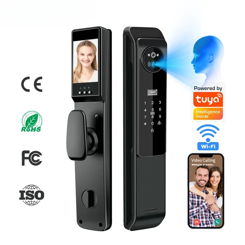 simple stylish fingerprint password card Smart door lock with visual cat eye,automatic capture pictures upload phone function