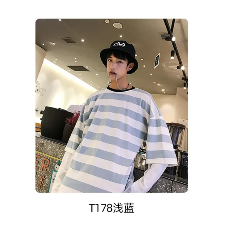 Striped Long-sleeved Female Ins Tide Spring and Autumn Thin Loose Korean Bottoming Shirt Fake Two Lazy Wind Joker Clothes.