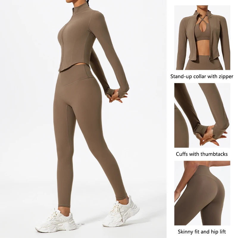 Hearuisavy Summer Ultra-Soft Fabrics 2Pcs Long Sleeve Gym Set Women Quick-Dry Yoga Clothes Workout Leggings Suit Sports Jackets - Image 2