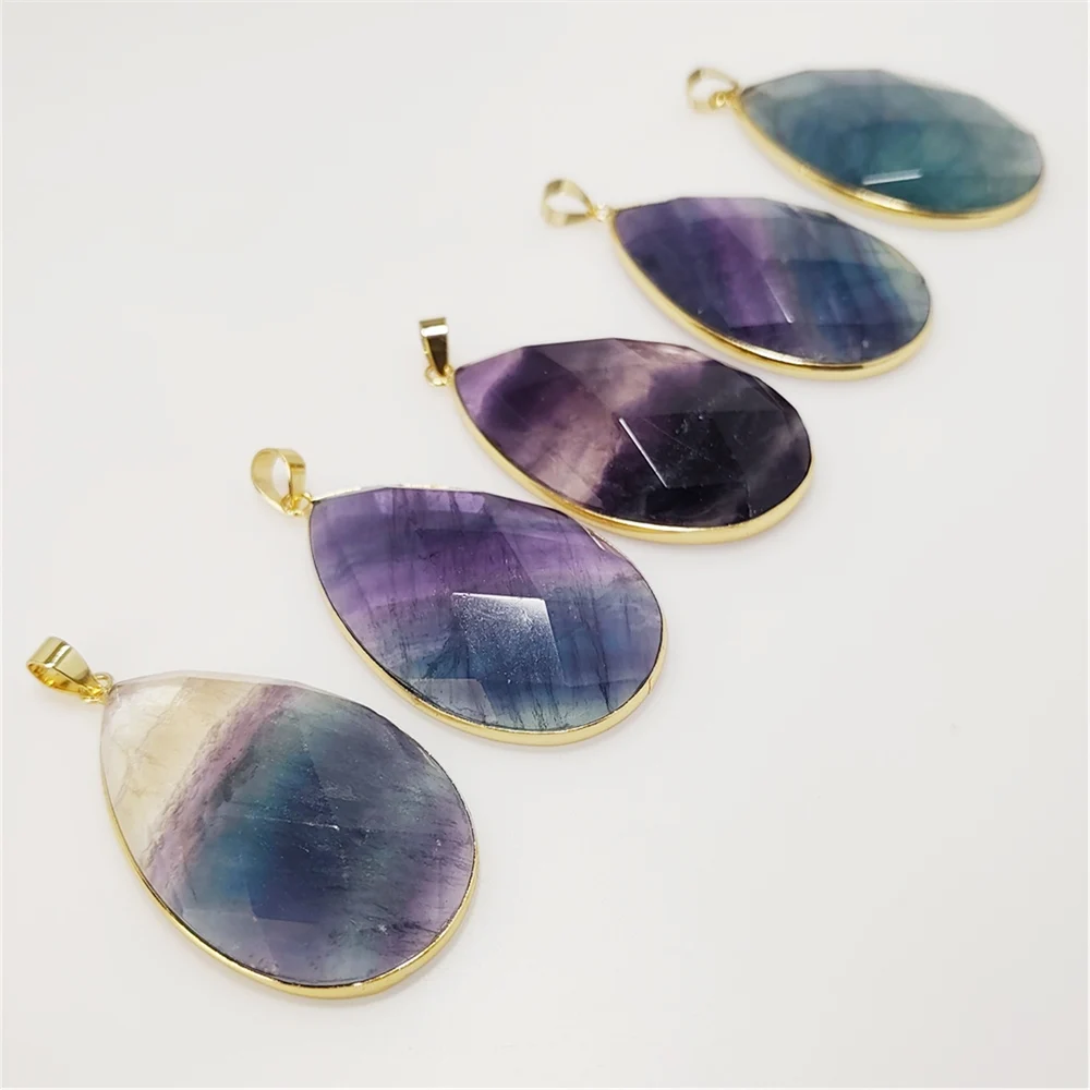 

FUWO Wholesale 5Pc Natural Fluorite Pendants,Golden Plated Bezel Rainbow Crystal Water Drop Accessories For Jewelry Making PD188