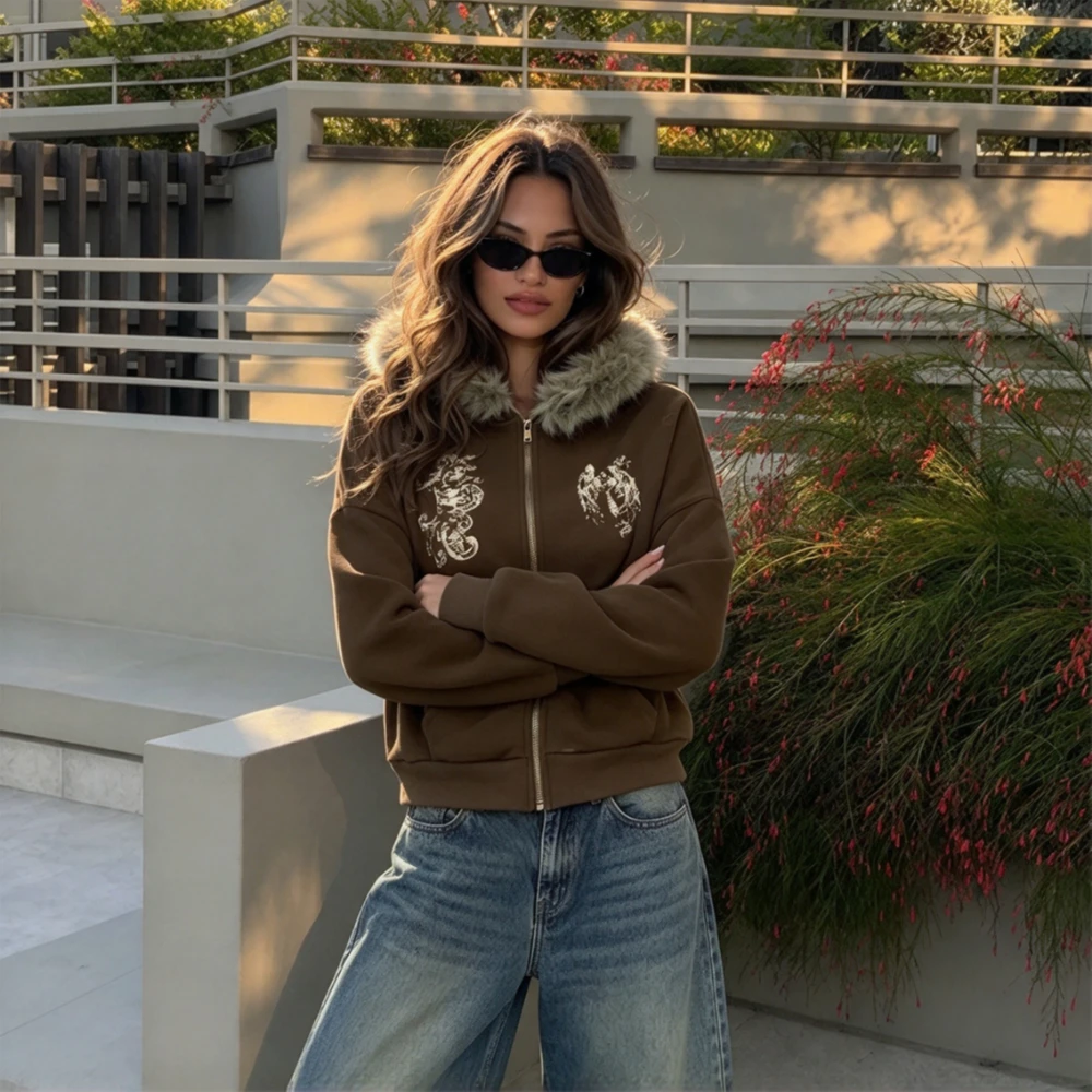 Women Faux Fur Trim Hood Zip Up Sweatshirt Angel Graphic Print Long Sleeve Cropped Casual Jacket