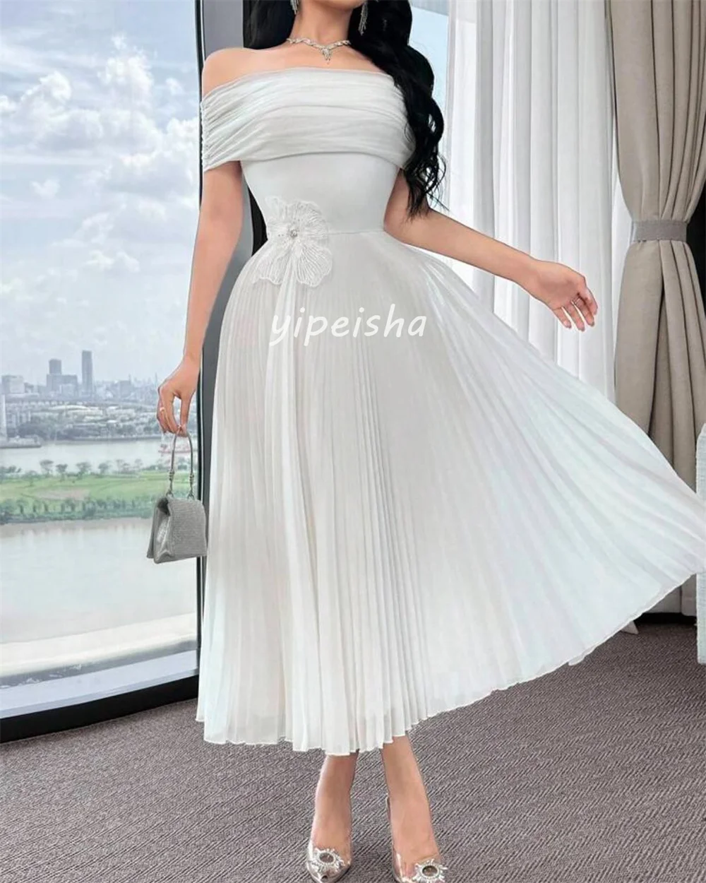 Customized High Quality Classic Chiffon Handmade Flower A-line Off-the-shoulder Ankle Length Dresses Bespoke Occasion Dresses