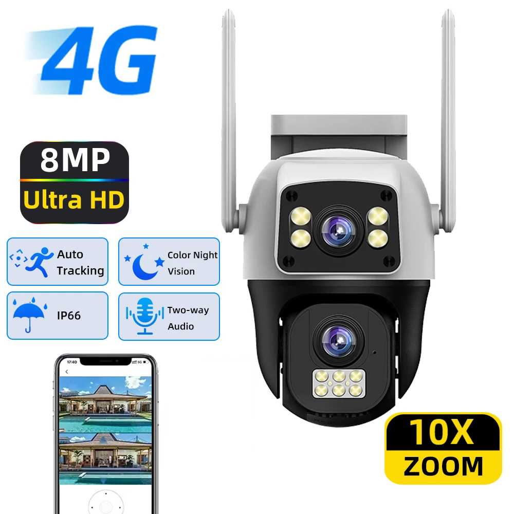 

8MP 4G Camera Dual Lens Dual Screen Wireless WiFi Outdoor Surveillance Human Detect Security Protection PTZ IP Cameras
