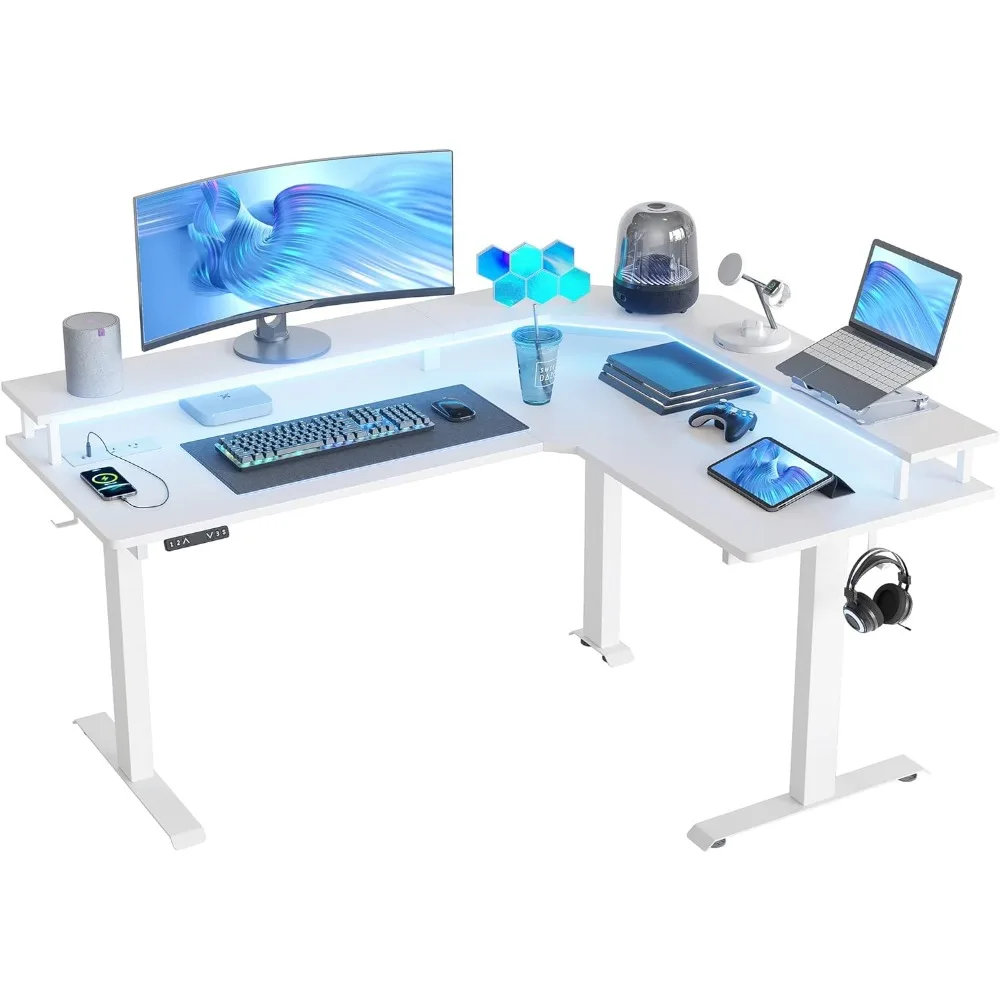 

63" Triple Motor L Shaped Standing Desk with LED Strip & Power Outlets, Height Adjustable Stand up Corner Gaming Desk