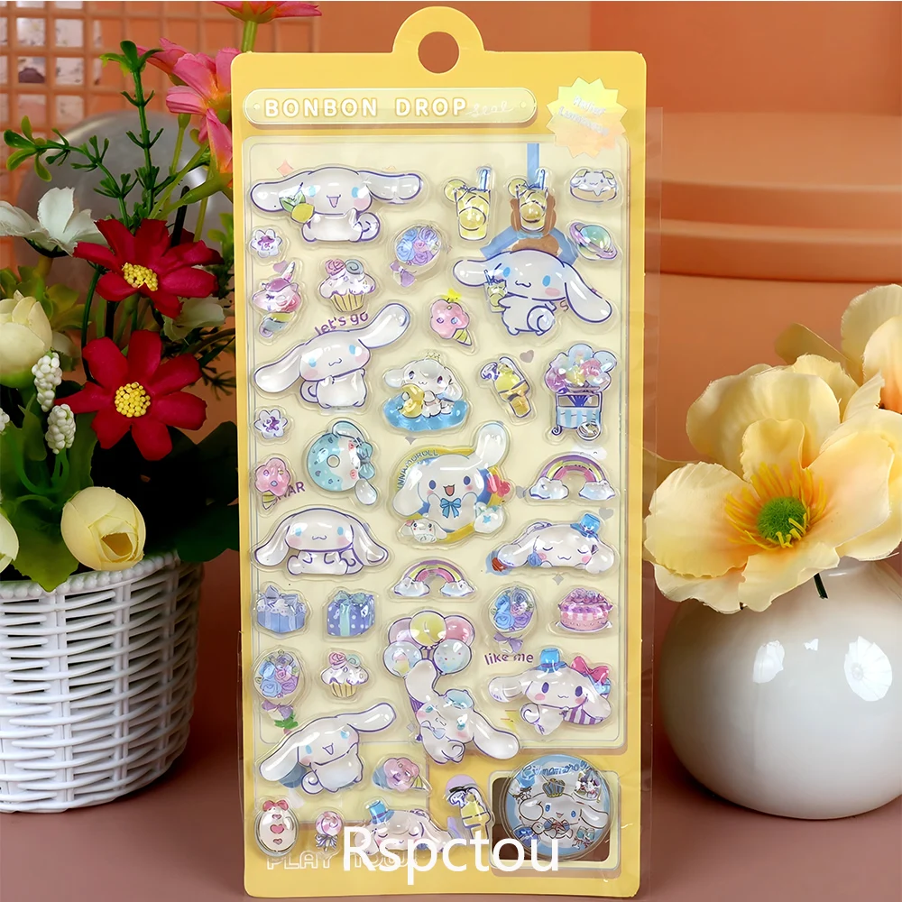 4 pçs cinnamoroll kuromi melodia 3d alívio adesivos kawaii sanrio decalques de cristal bonito dos desenhos animados decoração bolha adesivo presentes