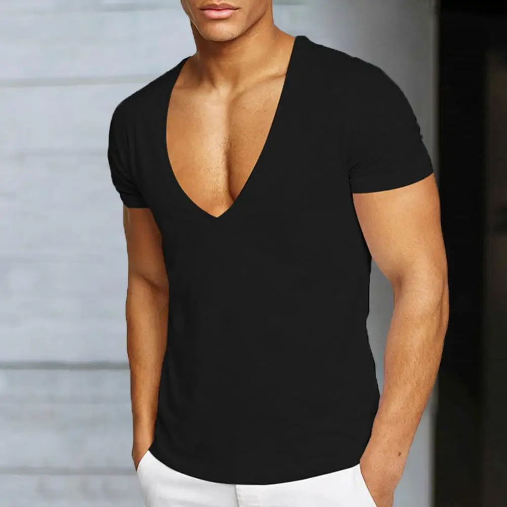 Men T-shirt Deep V Neck Solid Color  Pullover Thin Workout Sweat Absorption Mid Length Sports Top Men Clothes Men Sports T-shirt