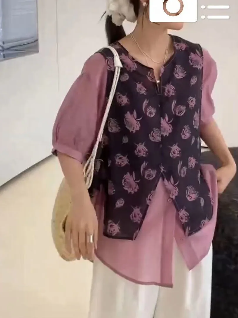 

plus Size Women's Summer Fashion Korean Loose Shirt 300 Pounds Patchwork Top Breathable Polyester Fiber Five Sleeve Length