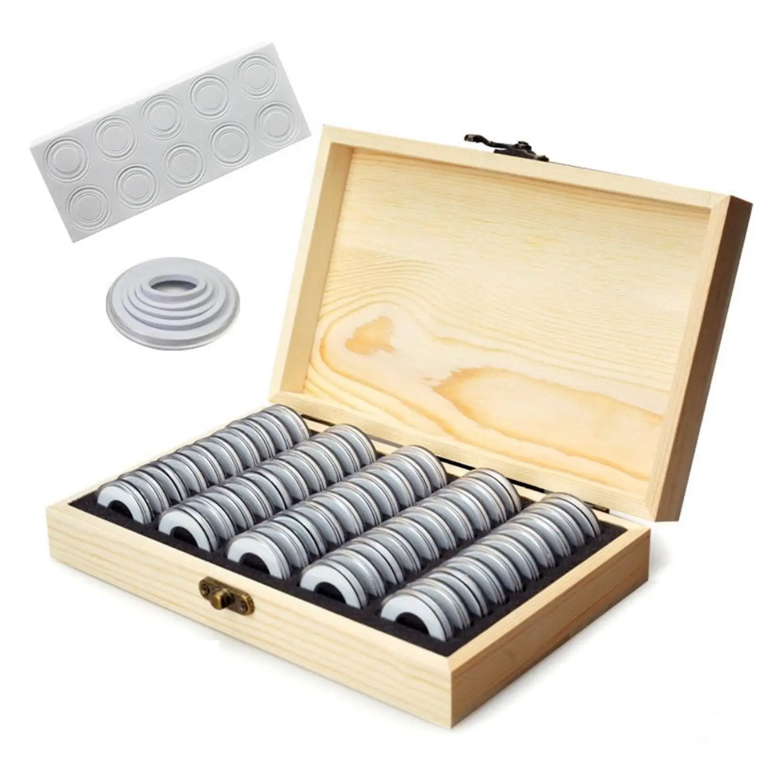 50Pcs Coin Holder Case With Wooden Storage Box Round Coin Capsules Commemorative Coin Collection Holder Coin Display Organizer