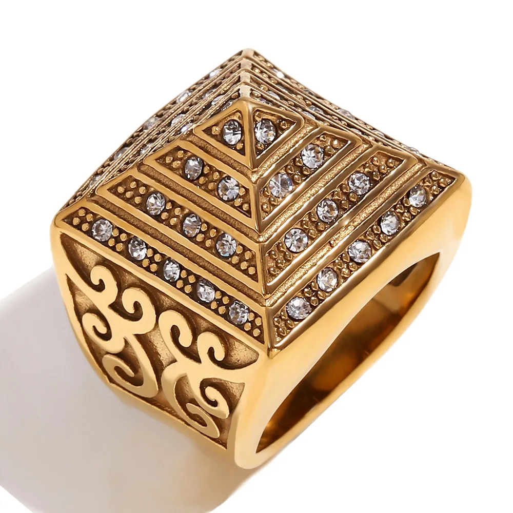 

18K Gold Plated Stainless Steel Pyramid Ring for Men Vintage Ancient Egyptian Punk Style Bold Statement Jewelry