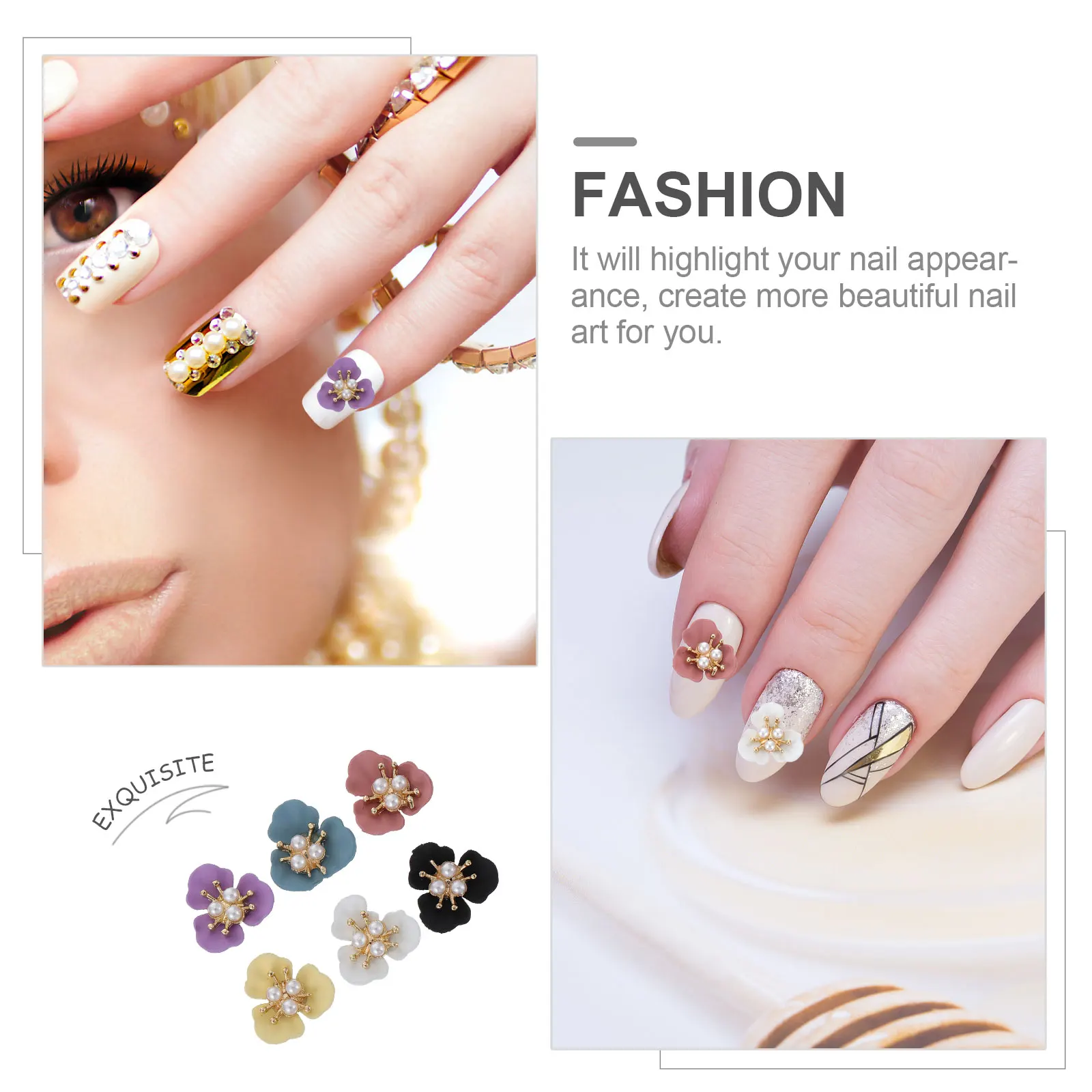 

12 Pcs Nail Decorative Stickers Pearl Flower Manicure Jewelry Crystal Decals Black Purple White Blue Yellow Beige DIY Nail Art