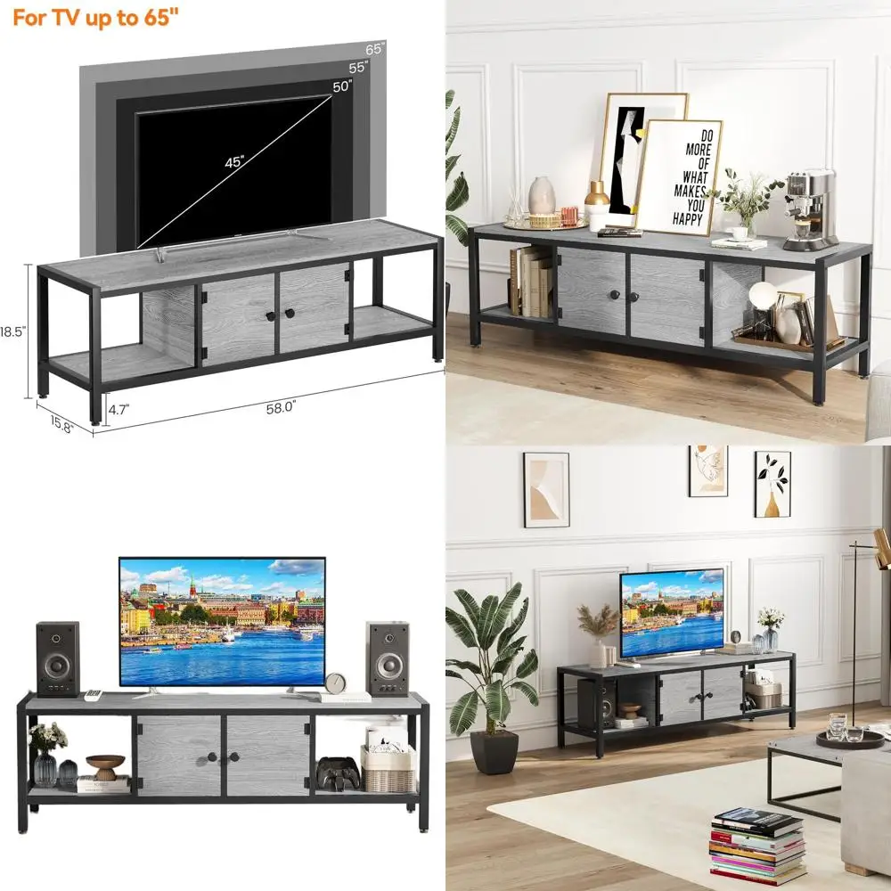 

58" TV Stand for TV up to 65 Inches, Large TV Console Table with 2 Closed Storage Spaces and Open Compartments, Wooden Entertain