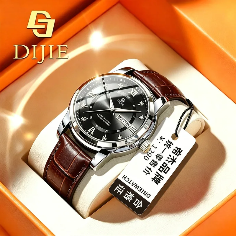 New luminous, stylish, and elegant business watch with a dual calendar for men, featuring a lightweight design and diamond accen