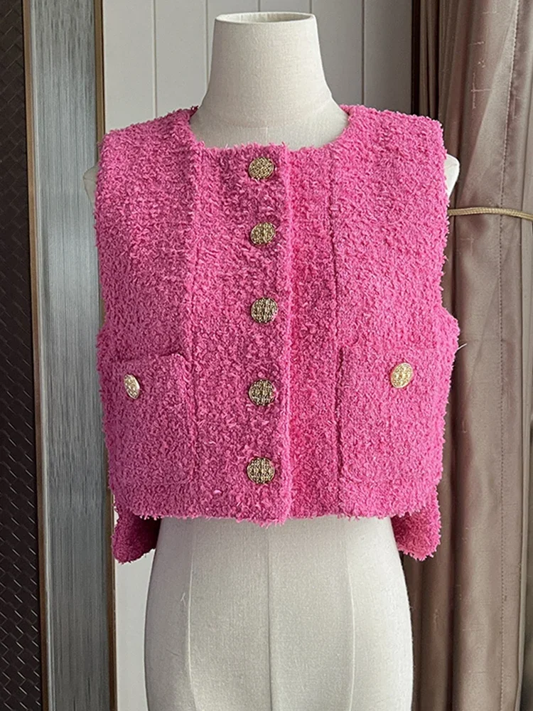 

Small Fragrant Summer Tweed Korean Fashion Elegant O-neck Sleeveless Coat Wool Jackets for Women 2024 Pink White Vest Femme