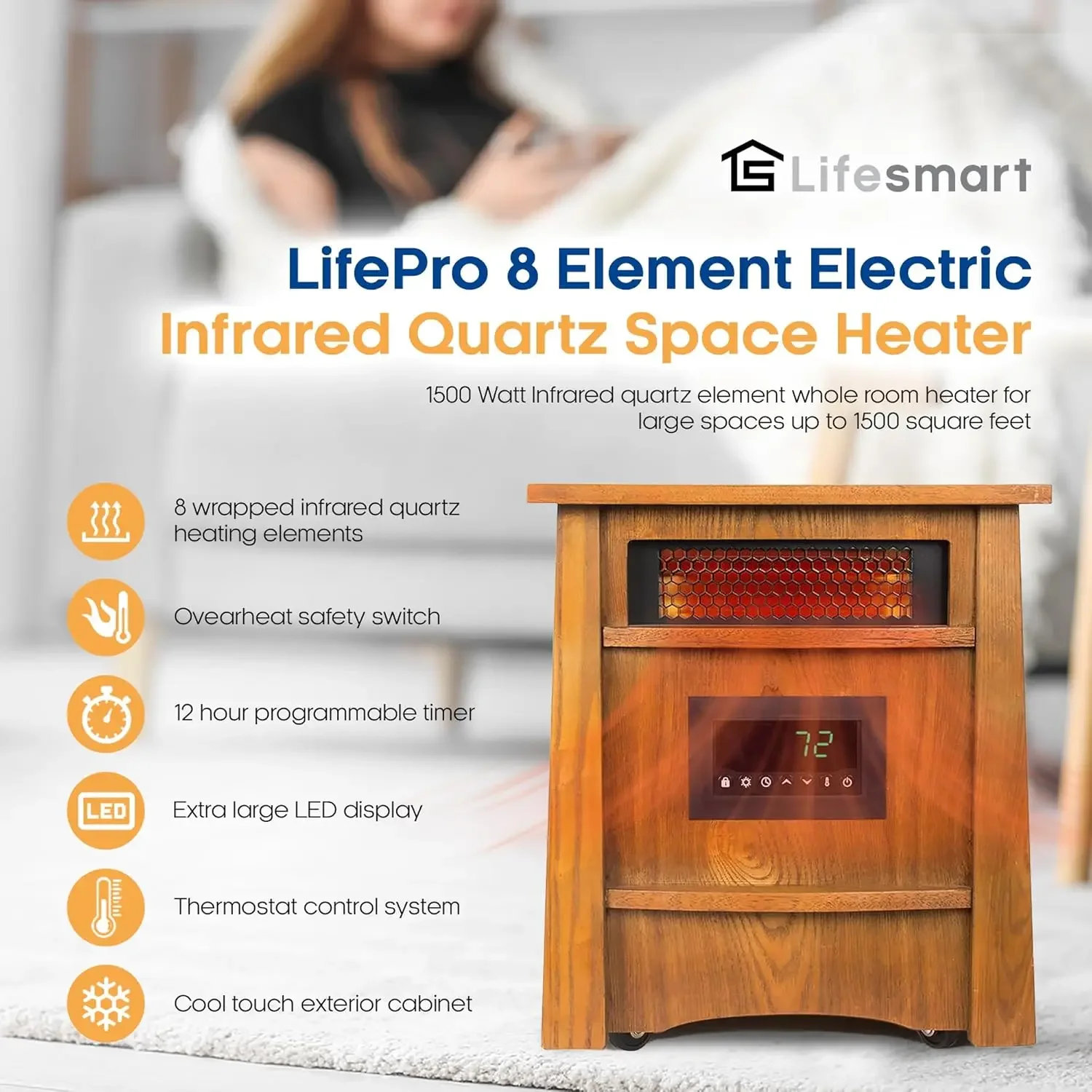 Ultimate 1500 Watts Electric Infrared Quartz Space Heater with Remote and 8 Heating Elements for Indoor Use, Brown Oak Wood