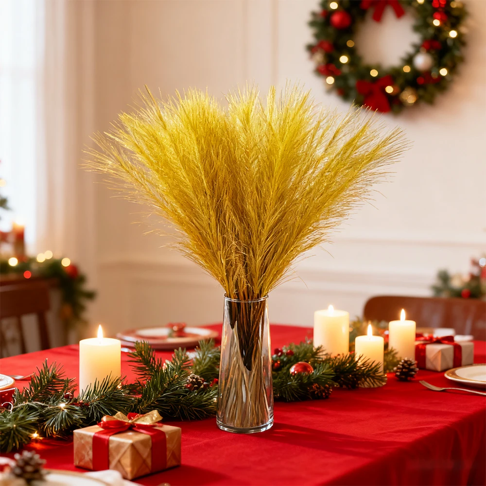 Glitzernde goldene Pampasgras-Kunstblumen, 5/10/20 Stück, künstliche Pampassträuße für goldene Hochzeit, Party, Weihnachten, Heimdekoration – Detail 3