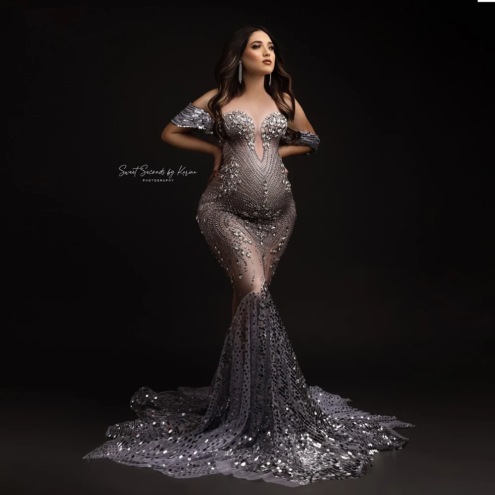 

Elasticity Sparkly Rhinestones Maternity Photography Gown Large Size Dress Suitable For Pregnant Women Photography Clothing Prop