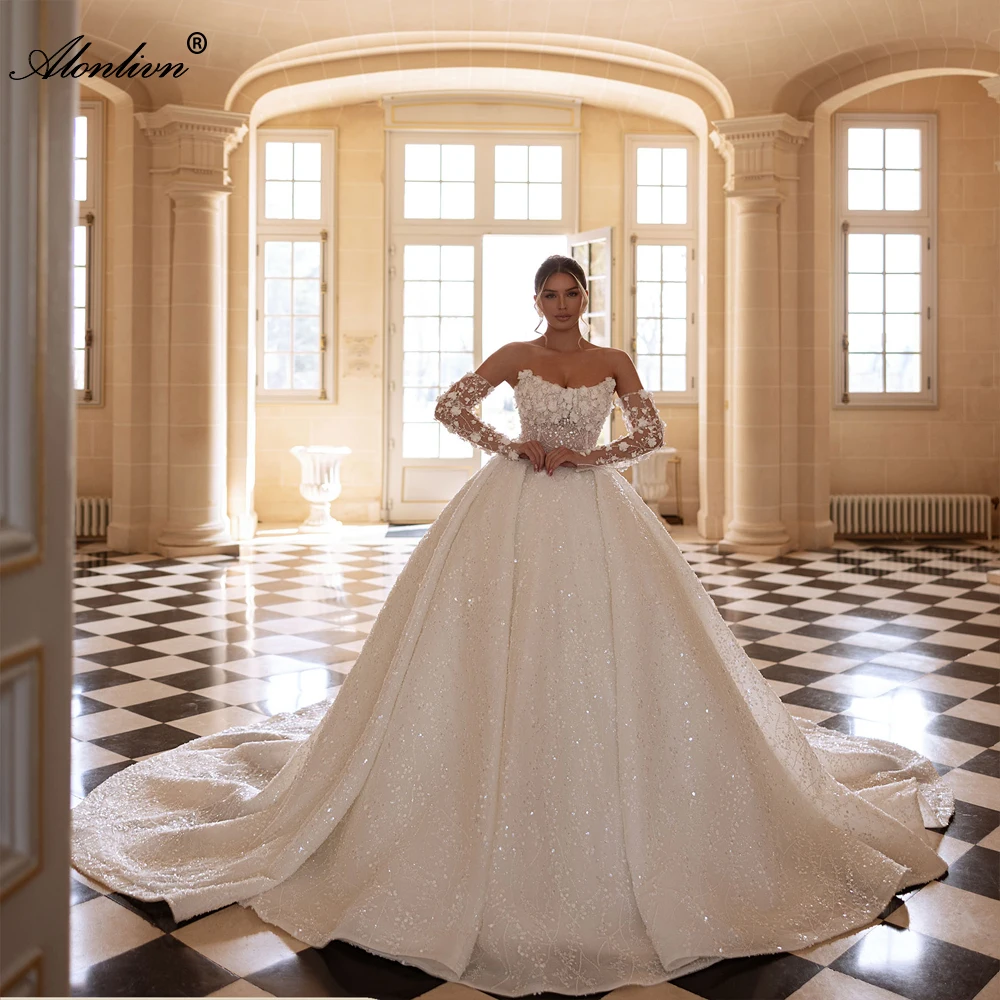 Alonlivn Custom Made Shiny Lace Ball Gown Wedding Dresses Removable Sleeves Beaded Flowers Boat Neck Princess Bridal Gowns